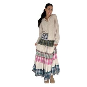 Tiered Maxi‎ Skirt Plaid Patchwork Drawstring Boho Festival Prairiecore Skirt